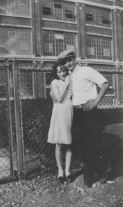 Marie and Arthur Landsbury in front of the Wagner Electric Manufacturing Plant